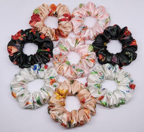 Image of Satin Scrunchies Hair Bands for Women | No-Damage Elastic Hair Ties for Ponytails & Buns | Fluffy & Stylish Rubber Bands | Free Size | Pack of 8 | Aqua Bloom Md (Medium Size)
