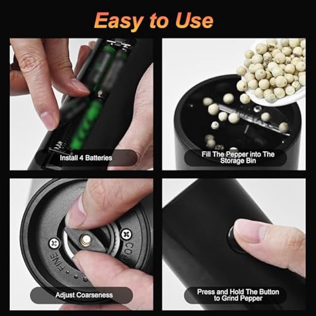 Electric Pepper or Salt Grinder,Adjustable Coarseness Salt Pepper Mill,With LED Light,Easy to Clean,Battery Powered,One Handed Operation,Kitchen Essential£¨1 Pack Black£©