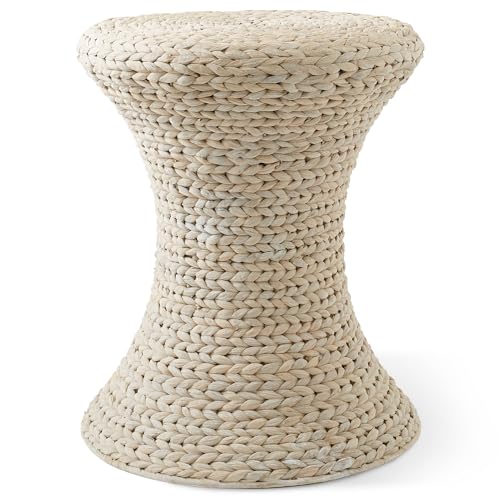Casafield Hourglass Side Table, Whitewash White, Water Hyacinth Round End Table, Boho Woven Wicker Accent for Bedroom, Living Room, Office, Entryway