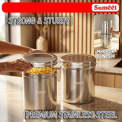 Image of Sumeet Stainless Steel Large Dabba /Canisters /Vertical Storage Container for Kitchen, 19cm & 20cm Dia - 5000ml - (5Kg to 5.5Kg Approx) & 6500ml - (5.7Kg to 6.3Kg Approx)