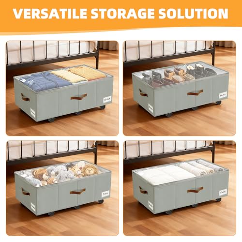 Image of Under Bed Storage with Wheels,Underbed Storage with Sturdy Sidewalls /Bottom, Clear Cover, Label and PU Handle, Rolling Under Bed Drawers for Clothes, Shoes, 11 Inch Height,Grey, 2 Pack