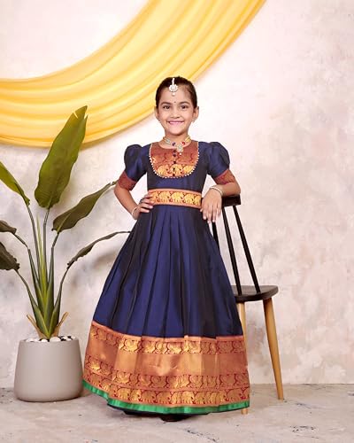 Image of Girls Silk Pattu Gown for Kids Traditional South Indian Long Ethnic Dress | Baby Girl Festival Pavadai Sattai Style Party Wedding Birthday Special Occasion Outfit