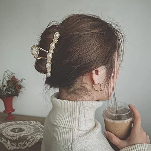 Agirlvct HAIR CLIP, 4.3inch Gold Hair Clips with Pearl and Rhinestone, Strong Hold Hair Jaw Clips for Women Girls Long Thick Hair (3 Pack)