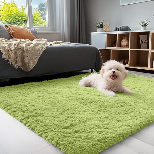 OLANLY 3x5 Machine Washable Small Bedside Rug, Soft Fluffy Shaggy Rugs for Living Room, Bedroom, Indoor Floor Carpet for Kids Girls and Boys, Preppy Dorms, Nursery, Home Decor Aesthetic, Grass Green
