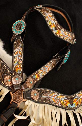 image for Showman Leather Headstall & Breast Collar Set w/Painted Feather Design