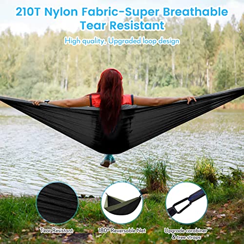 Camping Hammock 2 Person Hammocks With Net, Tent, Tree Straps Heavy Duty Waterproof Lightweight Nylon Portable Hammock For Hiking Outdoor Travel Beach Survival Backyard (Black&Grey) #TOP2