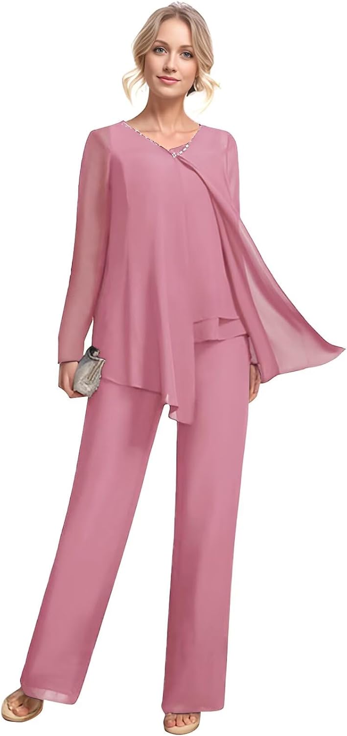 3 Pieces Mother of The Bride Pant Suits with Jacket Long Sleeves Beaded Chiffon Outfit Formal Evening Gowns for Wedding