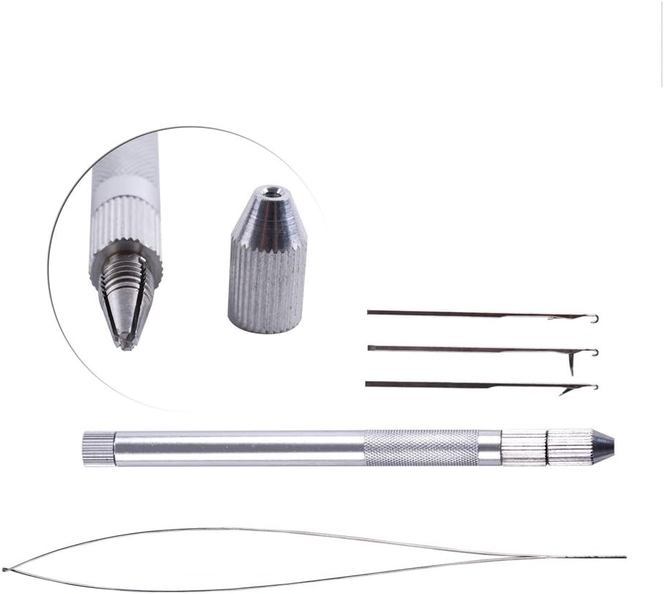 Hair Extension Tools 3 Different Size Knitting Hook Needles+ 1 Holder +1 Pulling Needle Loop Threader Aluminum Ventilating Holder and Needles Kit (Silver)