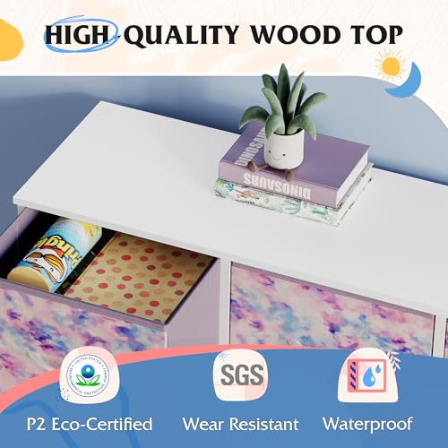 Image of WLIVE 9 Drawer Dresser, Fabric Storage Tower for Bedroom, Hallway, Closet, Tall Chest Organizer Unit for Bedroom with Fabric Bins, Steel Frame, Wood Top, Tie-dye Print (Pink, Purple, Blue)