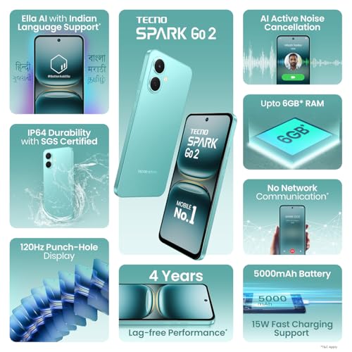 Image of Tecno Spark GO 2 (Turquoise Green, 3GB+64GB) | Segment 1st IP64 SGS Certified | Segment's 1st AI with Indian Languages |Segment's 1st No Network Communications* | 120Hz Display | 5000mAh Battery