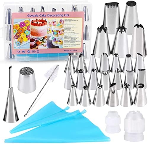 Gyvazla 32 Pcs Cake Piping Nozzles Tips, 25 Stainless Icing Nozzles, 2 Reusable Piping Bags Icing Bag and More Accessories for Cake DIY