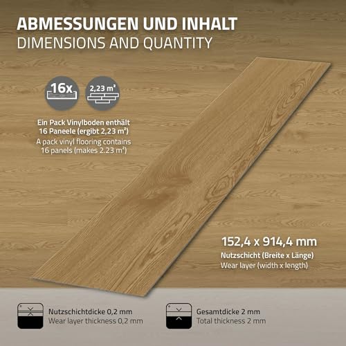 ML-Design Podloga Deluxe PVC, samoprzylepne deski winylowe, podloga winylowa, 91,5 cm x 15,3 cm x 2 mm, grubosc 2 mm, 6,69 m²/48 desek, naturalny dab, wyglad drewna, antyposlizgowa, wodoodporrna