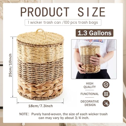 Image of Ctosree 1.3 Gallons Small Trash Can with Lid Handle Boho Woven Braided Bathroom Waste Basket Trash Can with 100 Garbage Bags for Bedroom Office Laundry(Braided Wicker, Primary Color)