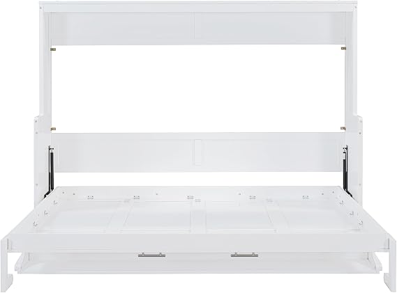 Queen Size Murphy Bed with Hydraulic Lift & Desk Design, Wood Wall Bed Muti-Functional Designed for Guest Room Home Office (White/H, Queen)