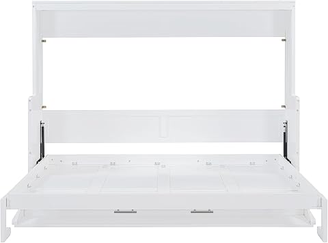 Queen Size Murphy Bed with Hydraulic Lift & Desk Design, Wood Wall Bed Muti-Functional Designed for Guest Room Home Office (White/H, Queen)