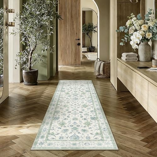 LäUfer Flur Vintage Teppich 60x180cm kurzflor Waschbarer rutschfest Weich Blumenmuster Blassgrün Teppiche für Hallway Küchen Bettvorleger Schlafzi