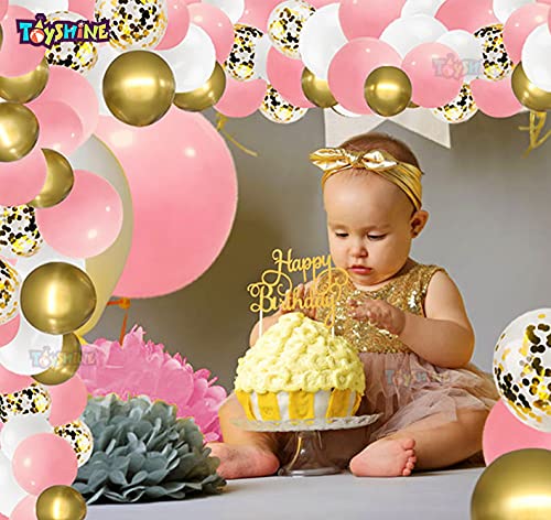 Image of Toyshine 86 Pcs Balloon Party Decoration Combo | 25 White Metallic, 25 Gold Chrome, 25 Pink Metallic, 10 Confetti Balloons, 1 Tape for Birthday Anniversary Theme Party