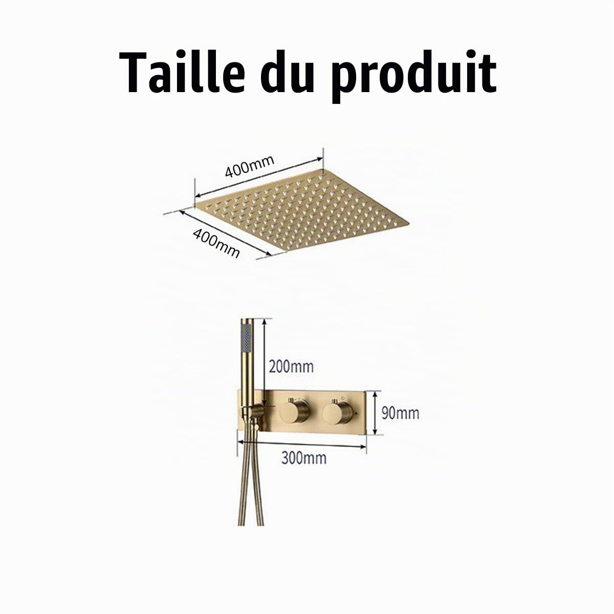 Colonne de Douche Thermostatique Dorée, Moderne 16inch / 400mm Pluie Ensemble de Douche Encastré, Système de Douche Encastré Pose au Plafond, Douchette, 59A Laiton (Or Brossé)