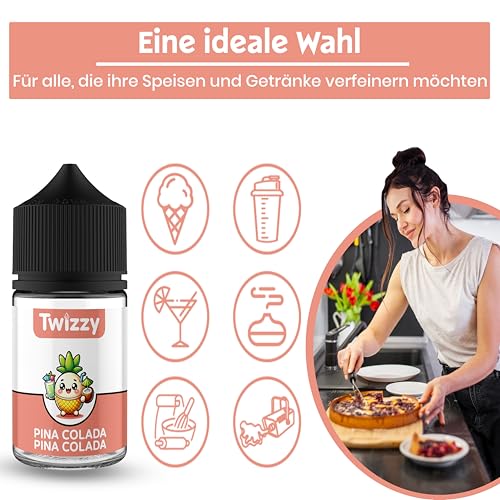 Twizzy Pina Colada Lebensmittelaroma - 60ml - Intensives Aroma – Ideal zum Backen, in Lebensmitteln & Getränken, auch für Vernebler, Nebelmaschinen, uvm.