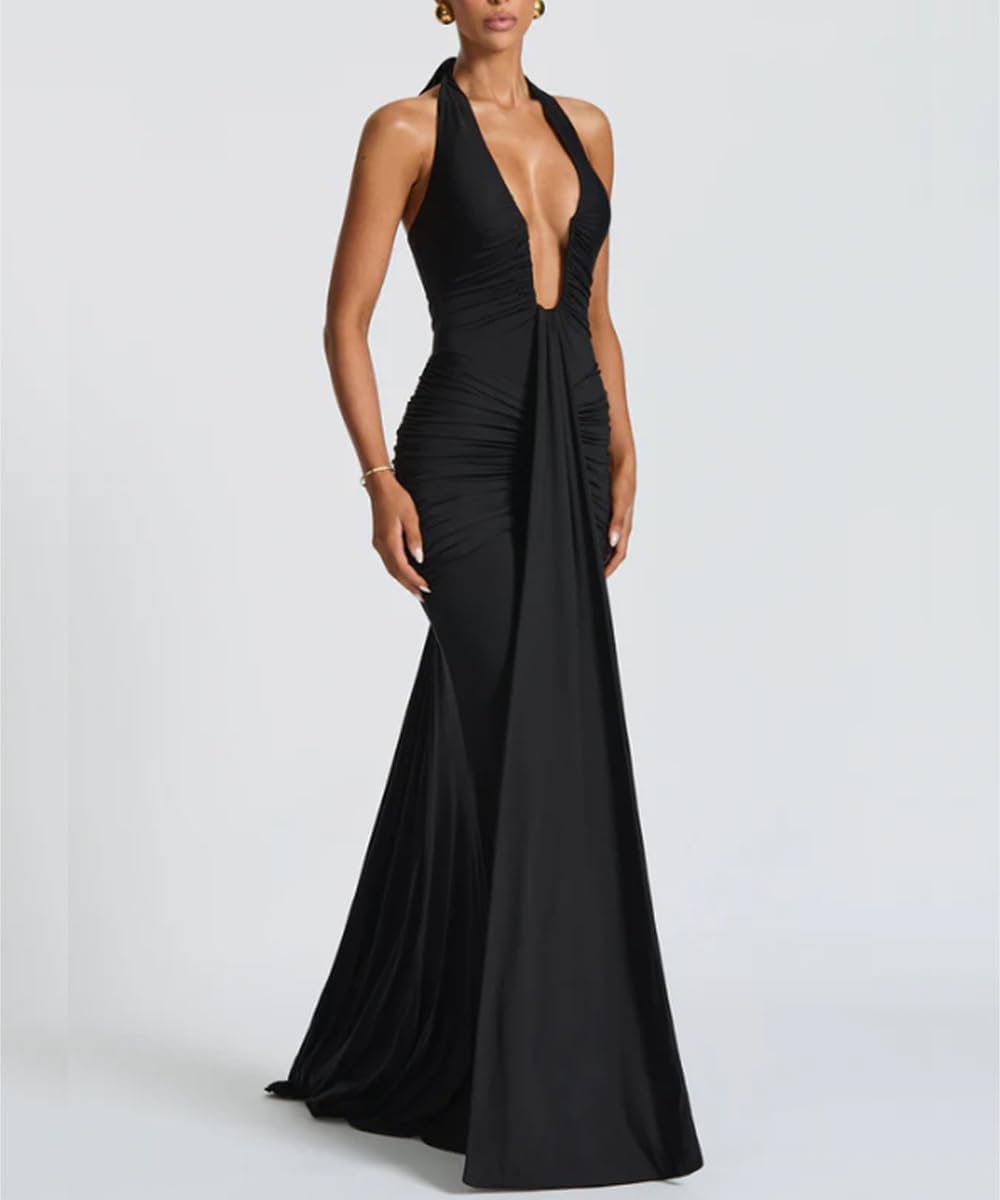 Women's Sexy Deep V-Neck Maxi Dress Sleeveless Halter Ruched Bodycon Formal Cocktail Party Evening Dresses - Image 2