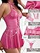 Womens PU Leather Lingerie Mini Dress Halter V Neck Babydoll Dress Sexy Party Clubwear with Thongs Pink M