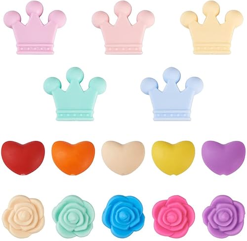 30 cuentas de silicona de corazón, corona, cuentas de goma, flores de silicona, cuentas sueltas de silicona a granel para mujeres, pulseras,