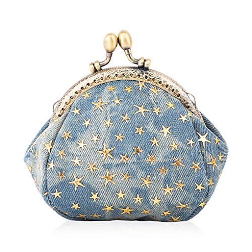 Oyachic Portemonnaie mit Stern Denim Coin Purse Geldbörse mit Clipverschluss Klickverschluss Vintage Spangenportemonnaie Damen Klein Knipsbörse (Blau)