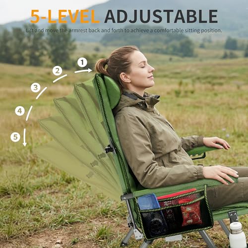 Image of Heavy Duty Folding Camping Chair Supports 400 LBS, Hard Arm Portable Outdoor Chair with Cup Holder & Storage Bag, Foldable Collapsible for Camp, Picnic, Lawn, Fishing