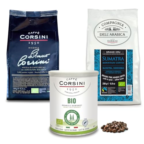 Caffè Corsini - Set Bio-Kaffeebohnen Harmonie der Aromen, Fairtrade, Umweltfreundlich, 3x250g, Gesamt 750g