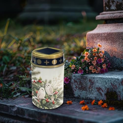 Image of 2 Pack Christmas Solar Memorial Lights for Graves | Holly berry owl, Xmas solar powered grave lights, waterproof led flameless candle for prayer grave lights for cemetery decor
