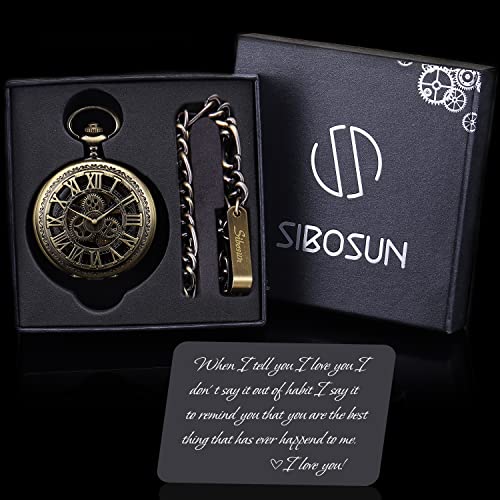 Image of SIBOSUN Pocket Watch Skeleton Mechanical Double Case Hand-Wind Bronze Blue Roman Numerals Antique Chain Box + I Love You Gift Card You are The Best Thing
