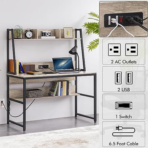 Image of Yaheetech Home Office 47 Inch Writing Desk with Power Outlets and 2 USB Charging Ports for Studying, Gaming Table Computer Desk with Hutch and Bookshelf, Metal Frame Workstation for Office, Gray