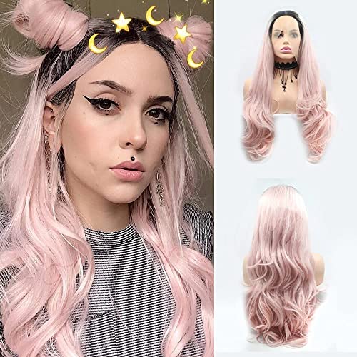 Perruque synthétique longue ondulée rose ombrée cheveux longs fibre synthétique femme