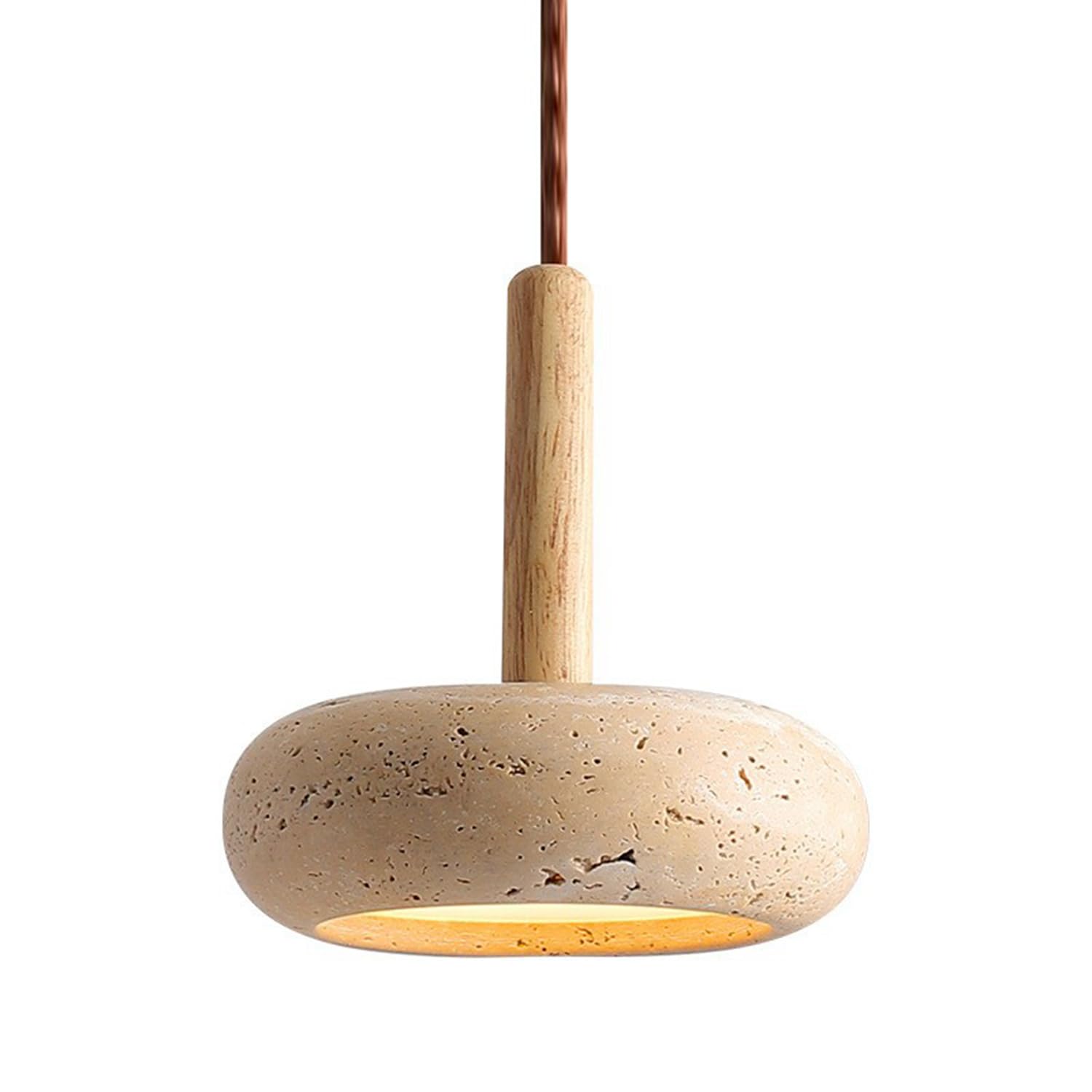 Żółty Trawertyn Wiszący Żyrandol Lampa Wisząca 5,9 Cala Naturalny Porowaty Trawertyn, Drewno, Dekoracja Artystyczna 3 Ściemnialne Lampy W Stylu Wabi-sabi W Stylu Przemysłowym