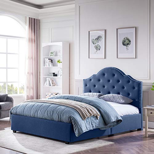 Christopher Knight Home Gentry Queen-Size Bed Frame Fully-Upholstered Button-Tufted Navy Blue #TOP1