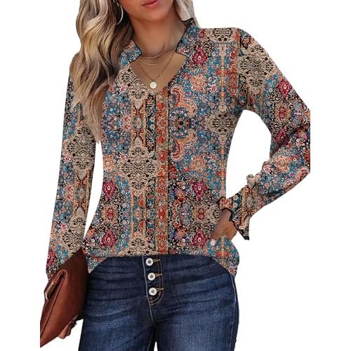 Kistore Long Sleeve Shirts for Women Pleated Cuffs Dressy Business Casual Blouses 2025 Trendy Puff V Neck Tunic Tops