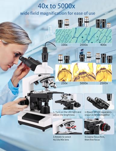 Image of Microscopes for Adults WF10x and WF25x eyepieces Compound Microscope with Microscope Slides, Microscopes Kit for Kids Students Home School (Monocular Microscope with Big Bundle)
