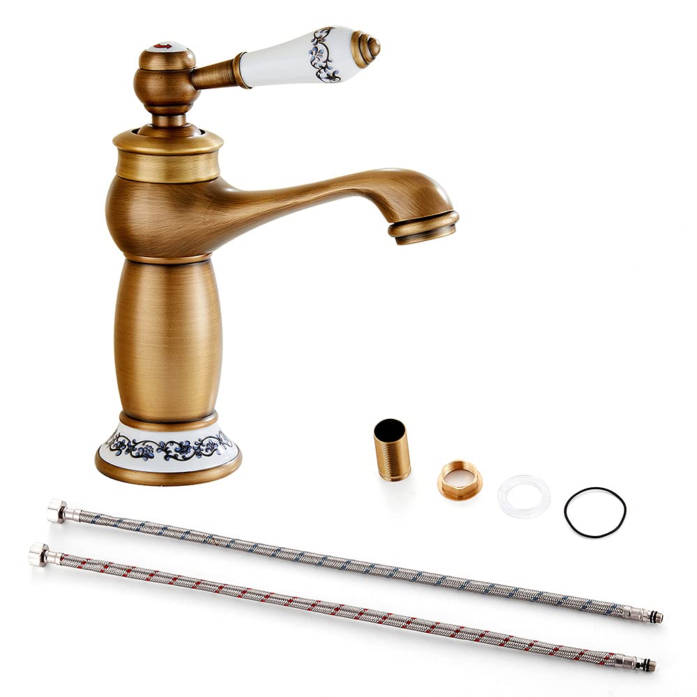 Rubinetto antico, in ottone anticato, per lavabo, in ceramica, per lavabo, in stile retrò, classico, per acqua fredda/calda