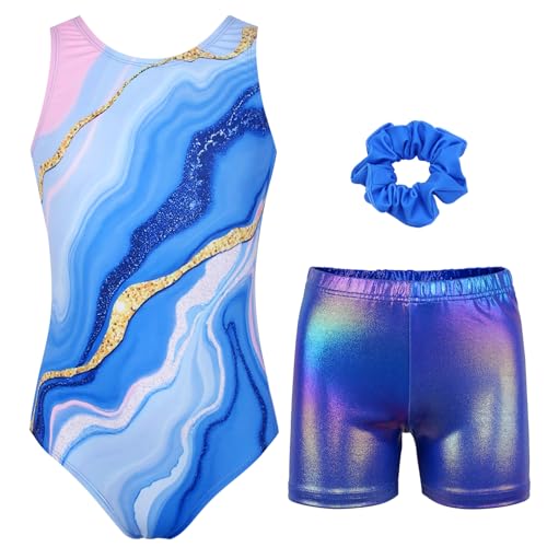 Image of MODAFANS Leotards for Girls Gymnastics with Shorts Dance unitards Tumbling Biketards with Hair Scrunchie for3-13T