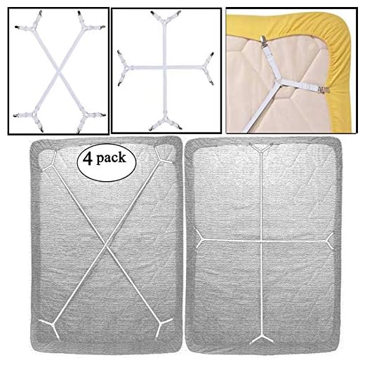 KENTAL 4pcs(2 Sets) Sheet Bed Suspenders Adjustable Crisscross Fitted Sheet Band Straps Grippers Adjustable Mattress Pad Duvet Cover Sheet Corner Holder Elastic Fasteners Clips Clippers, White