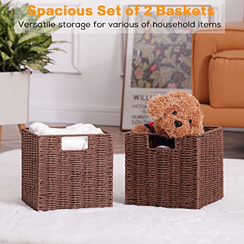 Vagusicc Wicker Baskets For Storage, Set Of 2 Hand-Woven Storage Baskets For Shelves, Foldable Cube Storage Baskets Bins With Handles, 9 Inch Large Wicker Baskets For Organizing Pantry Bedroom, Brown #TOP3