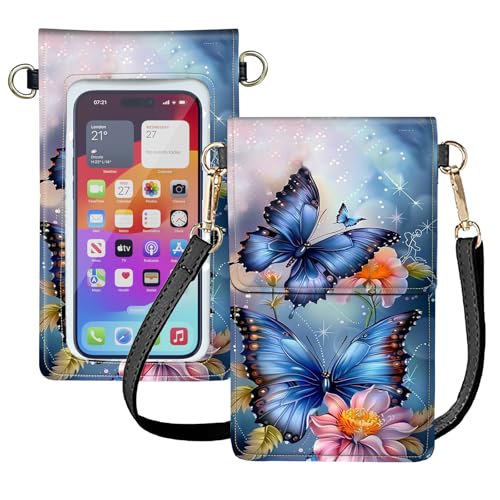 Touch Screen Phone Purse,Small Crossbody Bag for Women Girl,Lightweight Small Leather Bag Card Holder Phone Wallet with a Shoulder Strap-Blue Butterfly