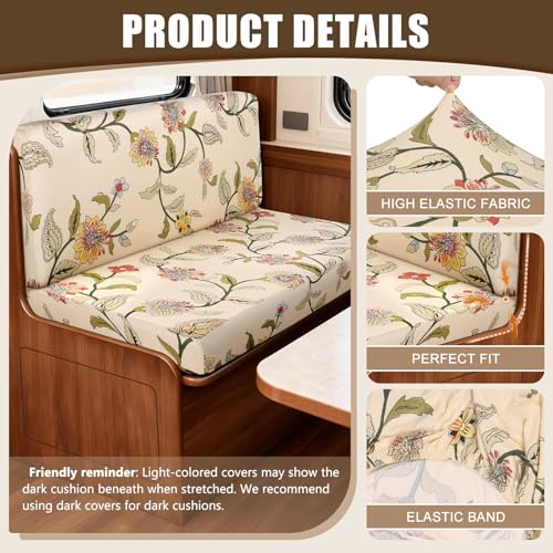 Image of SearchI RV Dinette Cushion Covers, Stretch Camper Cushion Slipcovers for Travel Trailer Couch RV Booth Seat, Replacement Camper Sofa Chair Protector (2 Backrest Cover & 2 Bench Cover, Yellow+Flower)