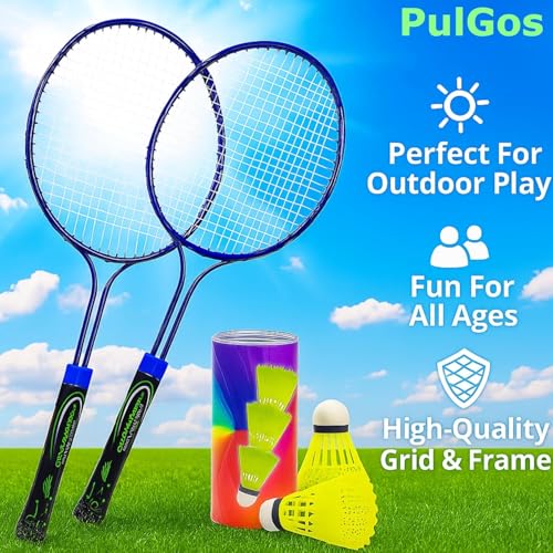 Image of PulGos Badminton - 2 Pcs Lightweight Steel Rackets with Anti-Slip Grip, Strong Strings & 3 Durable Nylon Shuttlecocks for Outdoor & Indoor Play - Perfect for Kids, Adults, Beginners & Training