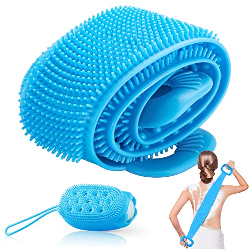 Silicone Bath Body Brush, GEEMAI Back Scrubber For Shower, Extra Long Exfoliating Body Scrubber With Handle for Men and Women, Lathers Well,Easy to Clean, Massage, Shower Scrubber for Body (Blue)