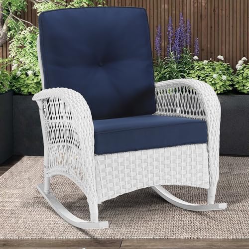 MEETWARM Outdoor Wicker Rocking Chair Rattan Patio Rocker Chairs with Cushions and High Back All-Weather Patio Wicker Chair with Safe Rocking Design for Garden Backyard Porch White/Navy