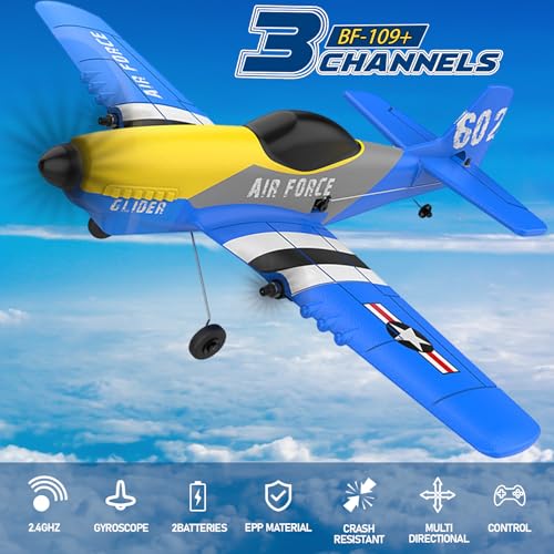 Image of Rc Plane, 3 Channel Rc Airplane 2.4Ghz With 2 Batteries 6-Axis Gyro Stabilizer, Easy To Fly For Beginners Adults And Kids (P-51D), Blue