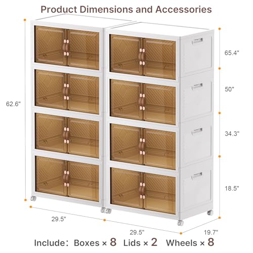 Image of UAMFURI Stackable Storage Bins with Lids, 1440QT Lockable Storage Cabinet, Foldable Storage Box with Doors and Wheels, Plastic Drawers for Home, Garage, Office (8, White, Extra Large)