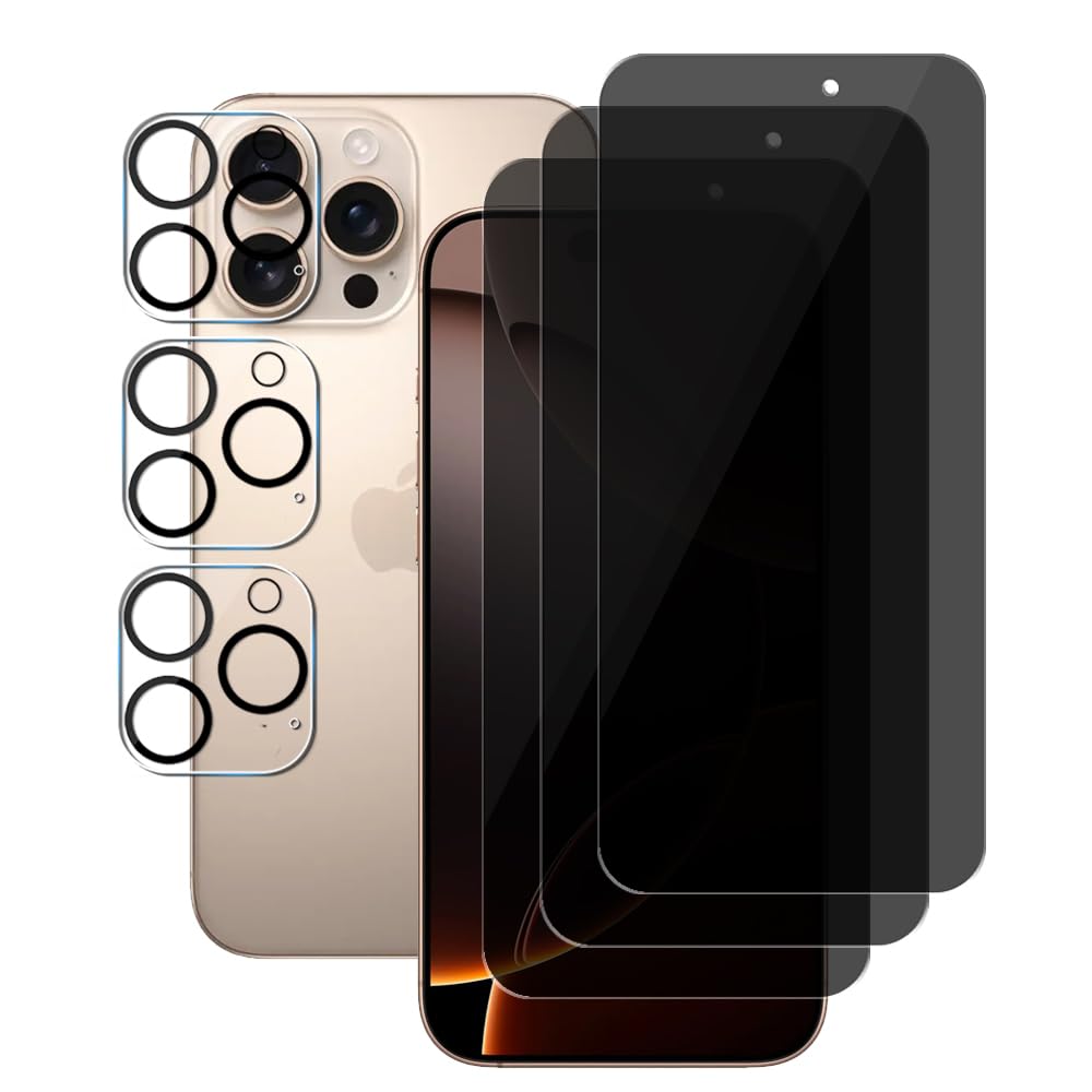UZWZW (3+3) For iPhone 16 Pro Max (6.9 inch) (3 Pack) Anti Spy Private Tempered Glass Film Privacy Screen Protector and (3 Pack) Camera Lens Protector [Not Affect Flash], 9H Hardness, Anti Scratch