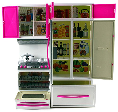 My Modern Kitchen Oven Refrigerator Battery Operated Toy Doll Kitchen Playset w/ Lights, Sounds, Perfect for Use with 11-12" Tall Dolls